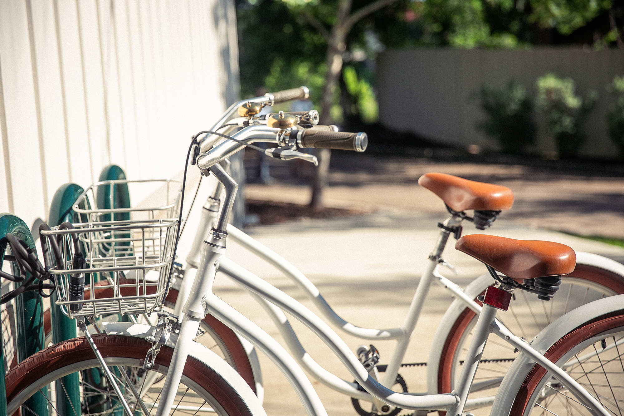 Vintage-style bicycles with leather seats and metal baskets parked at the Stagecoach Inn in Salado, Texas.